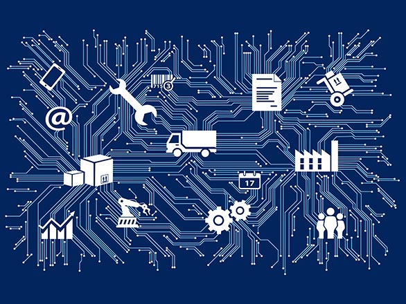 Graphic illustration with a truck, wrench, building, cell phone and other business icons connected by lines