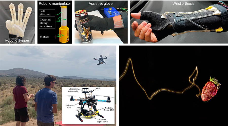 A) An anthropomorphic twisted string-actuated soft robotic gripper with tendon-based stiffening  B) A twisted string actuator-driven soft robotic manipulator C) A wearable robotic glove assists the wearer with everyday tasks  D) A compliant and lightweight wrist robotic orthosis capable of inducing three degrees of freedom (DOF) motion of the wrist E) Undergraduate researchers flying a quadrotor outside to gather sensor data for testing hypotheses about how animals integrate different sensory streams to estimate wind direction. F) Long exposure photograph of a fruit fly, illuminated by a shaft of light, tracking an odor plume upwind towards a fermenting strawberry. The zigzagging shape of the trajectory is stereotypical of plume tracking behaviors for many animals.