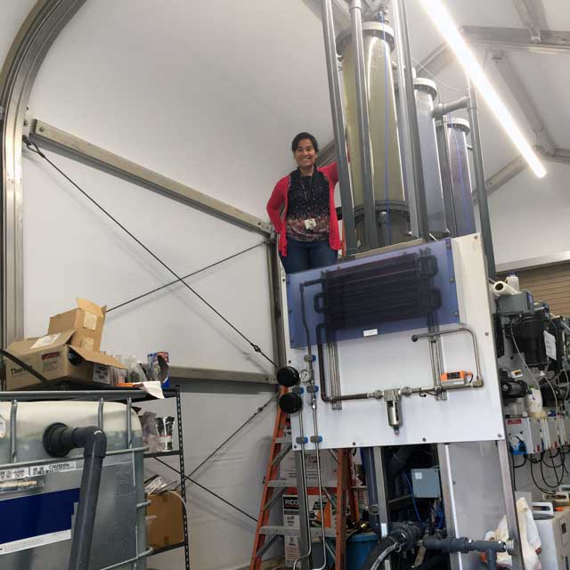 Tatiana Guarin, standing on a ladder next to all tall water tank