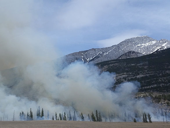 A wildfire burns at the base of a mountain sending smoke billowing into the air.