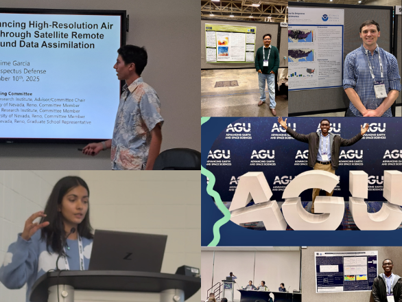 Rajan Bhandari at AGU in front of his poster, Ananya Sen presenting at AGU, Celime Garcia at AGU in front of his poster, Peter Forson at AGU on stage and in front of his poster, Sean O’Neil at AGU in front of his poster.