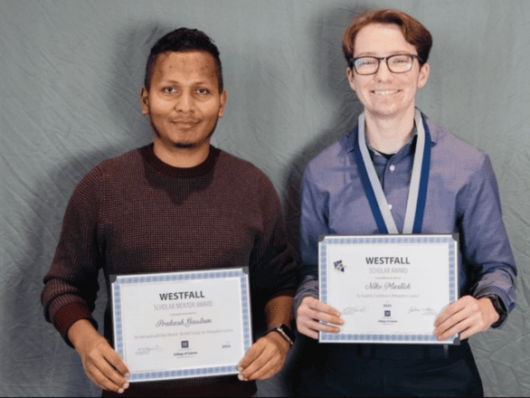 Prakash Gautam (left) and Niko Mastick (right) holding their award certificates. Picture of all awardees.