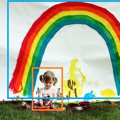 A little girl covered in paint sits in front of a painted rainbow with her hands in a bowl.