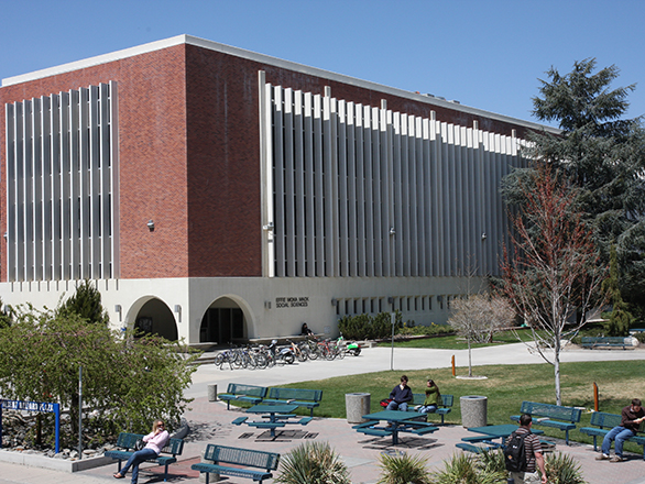 External view of the Mackay Social Science building in the north Quad of campus.