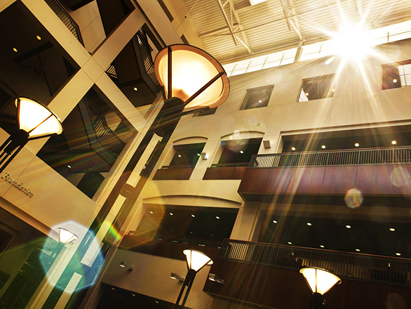 interior of the Knowledge Center from the ground floor looking up to the top floors. 