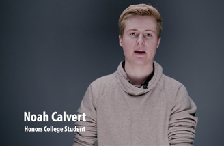 Headshot of Noah Calvert with the words "Noah Calvert, Honors College Student" in the bottom left corner.