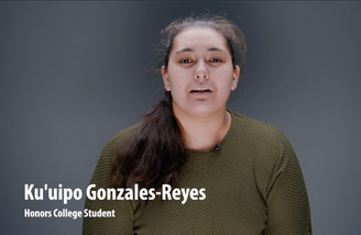 Headshot of Ku'uipo Gonzales-Reyes with the words "Ku'uipo Gonzales-Reyes, Honors College Student" in the bottom left corner.