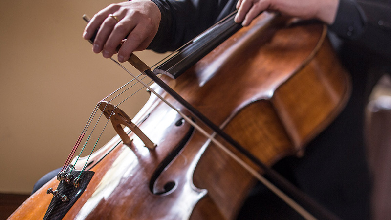 A person wearing a black shirt plays the cello.