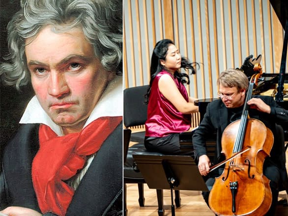 A split image of Beethoven (left) and Dmitri Atapine playing the cello and Hyeyeon Park playing the piano.