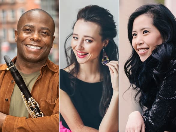 A collage of the Trio Afiori performers posing for publicity photos.