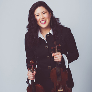 Headshot of Rachell Ellen Wong holding two violins