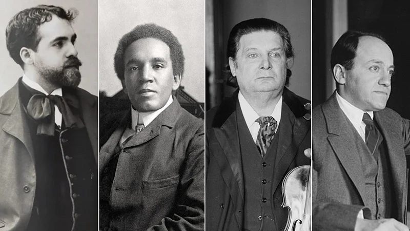 From left to white: black and white images of Samuel Coleridge-Taylor, Reynaldo Hahn, Eugene Ysaye, and Ernest Bloch.