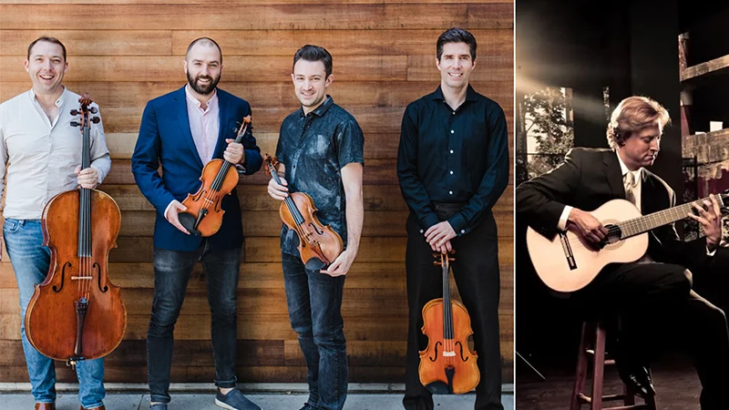 The four members of the Escher Quartet stand next to each other, each holding an instrument. Next to that image is a white line and Jason Vieaux sitting on a chair while playing a guitar. class=