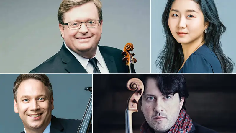 A photo collage of the performing members of the Reverie de passion performance including Martin Beaver (top left), Hyeyeon Park (top right), Dmitri Atapine (bottom left) and Ettore Causa (bottom right).