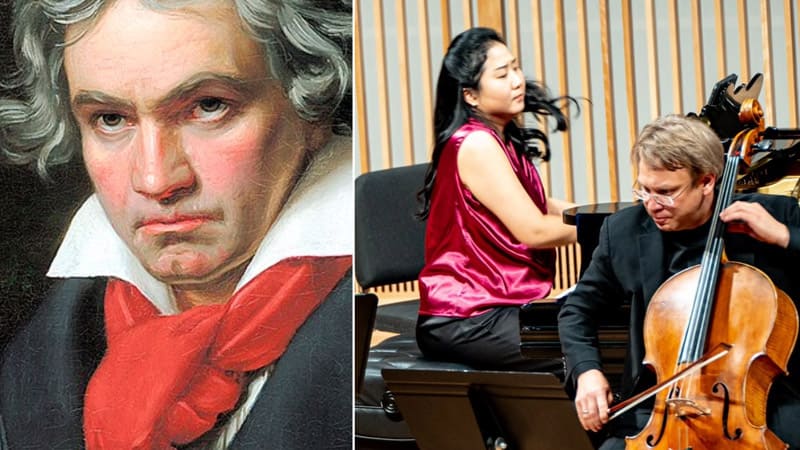 A photo collage of Beethoven (left) and Dmitri Atapine playing the cello and Hyeyon Park (left) playing the piano.