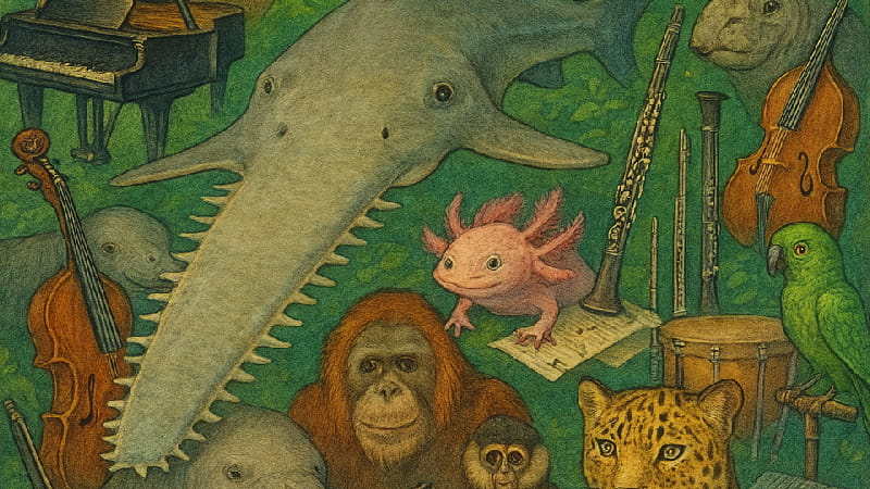 artwork of animals playing different instruments