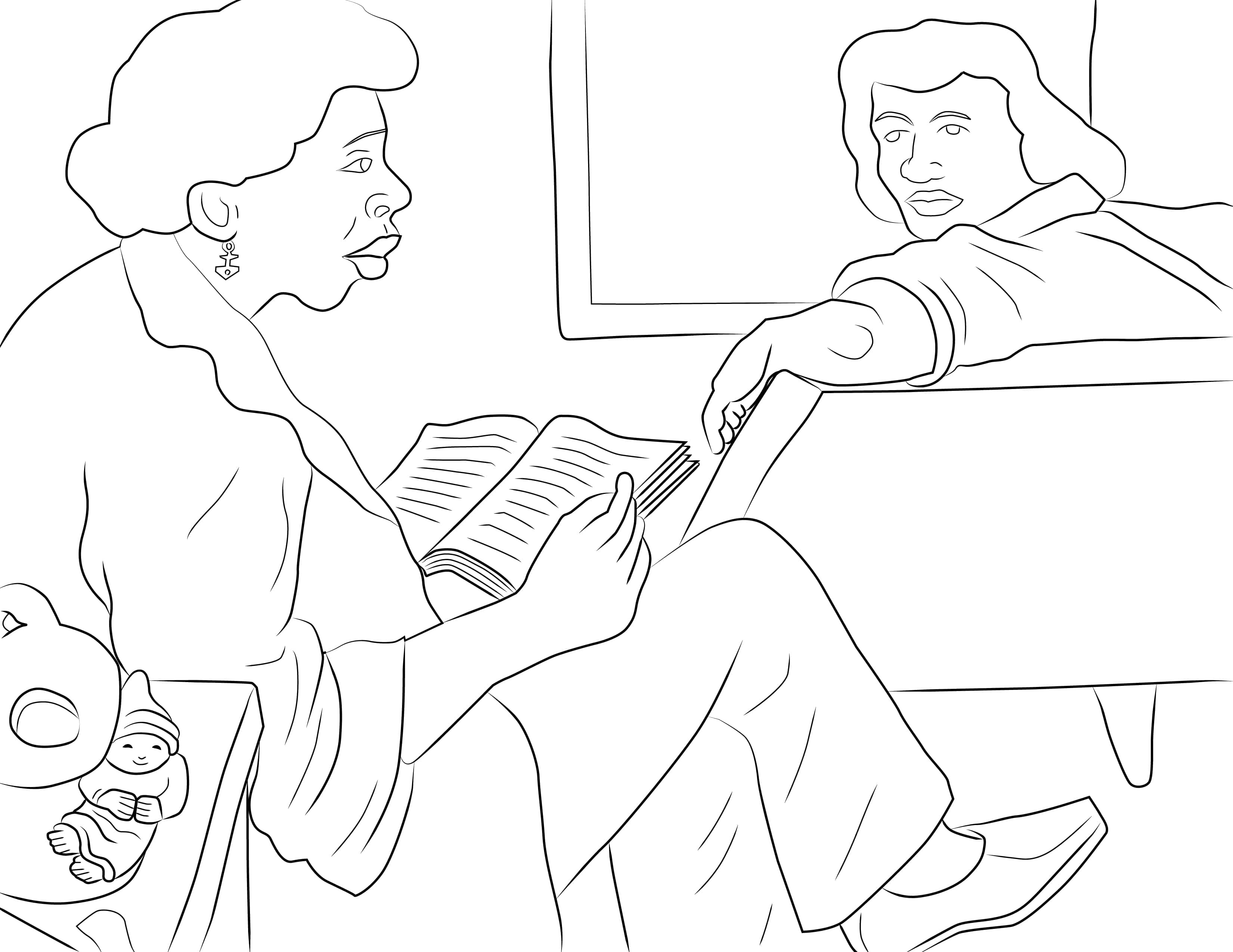 Outline of two people sitting on couch reading