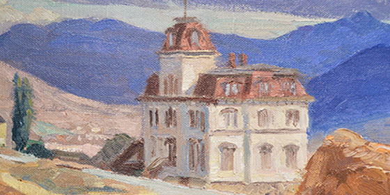 Oil painting of Morrill Hall in Nevada desert