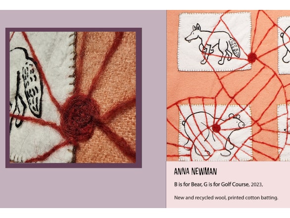 abstract art by anna newman with wolf and bear drawings with red wool spirals