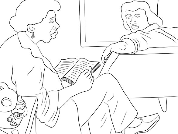 Outline of two people sitting on couch reading
