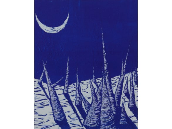 painting with blue background, crescent moon, and spikes