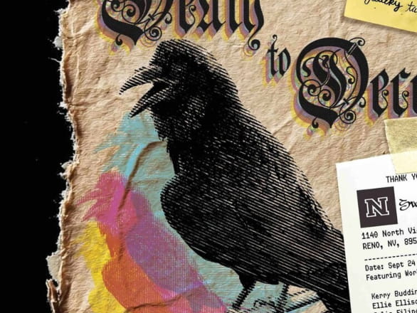 artwork by MFA student of black bird with blue, pink and yellow shadows behind it and cursive text reading "Death to Decorum"