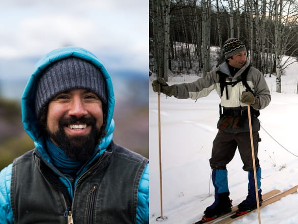 Side by side images: left image Rene Henry smiling with a beard and hood and blue jacket on. Right image is Lawrence LaBiana cross-country skiing holding poles.