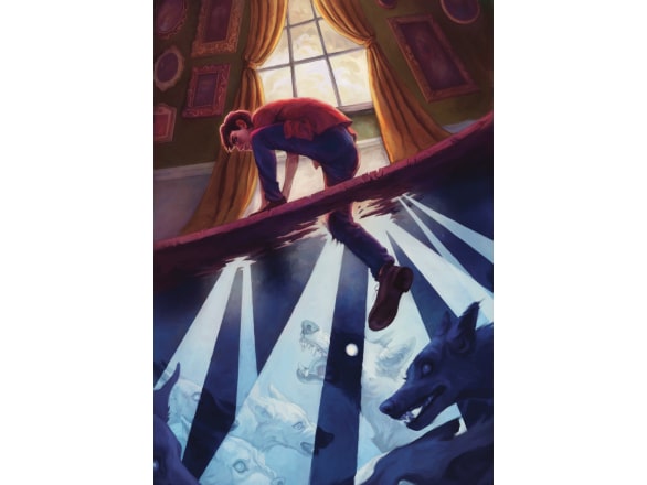 painting of boy falling through floor with wolves waiting underneath