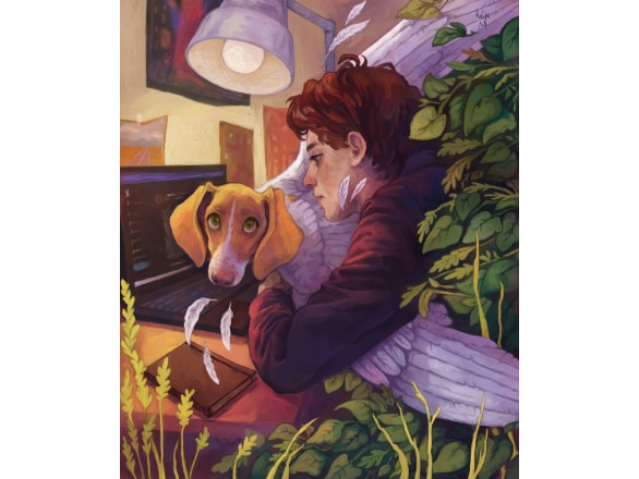 artwork of person holding a dog with angel wings