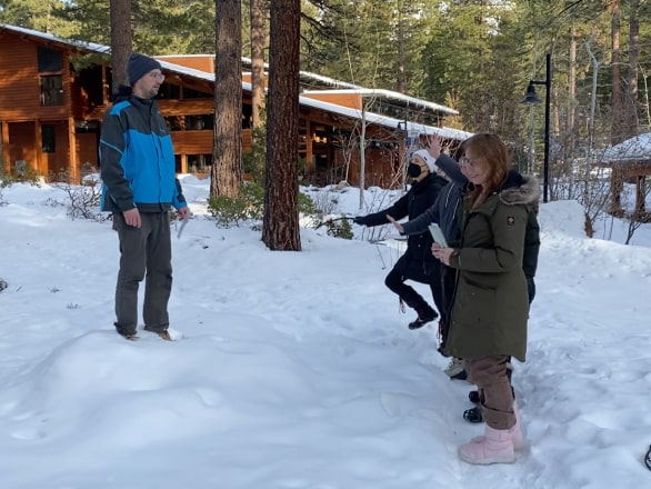 people standing in snow on Lake Tahoe campus