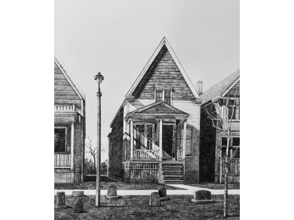 black and white sketch of old house on street