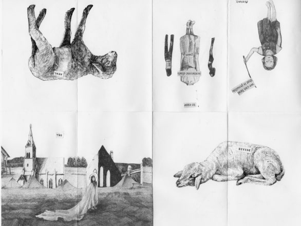 black and white sketches of lambs and other figures