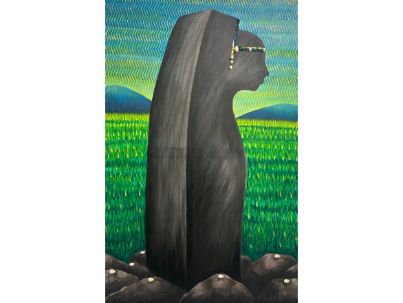 painting of gray sculpture with a yellow-green and blue background