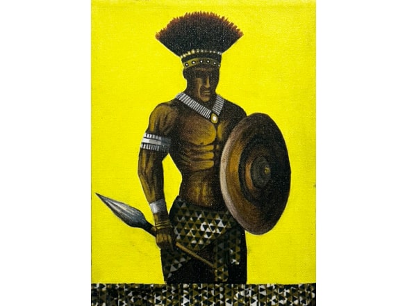 painting of warrior on neon yellow background