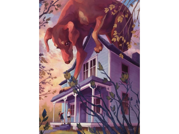 artwork of dog on top of two story house with people looking up from porch