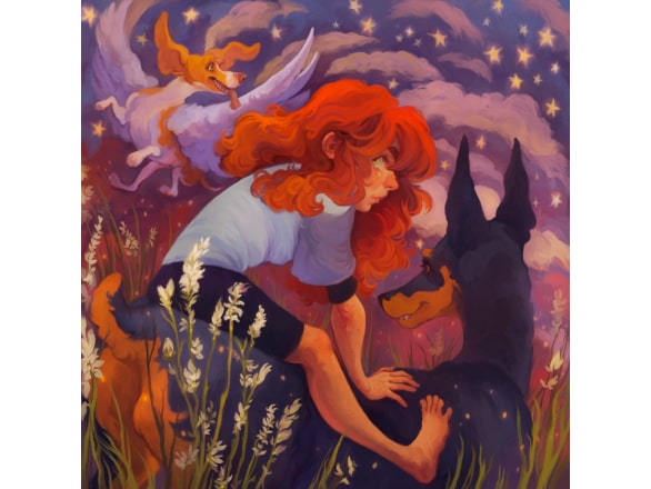 painting of girl riding dog and a dog with angel wings flying above