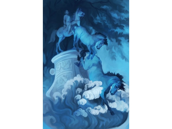 blue painting of main riding horse running down a column