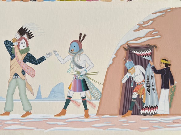 drawing of people coming out of hut