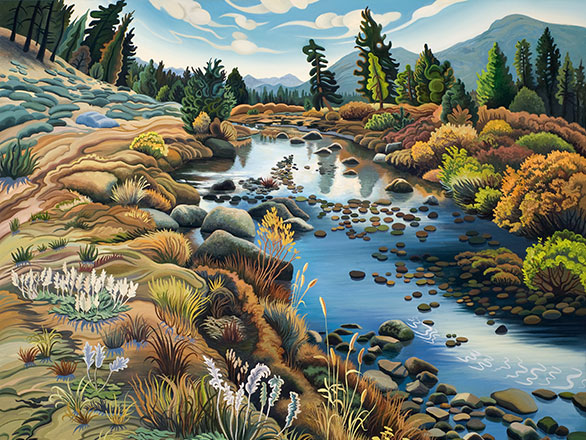 Oil painting of river with fall leaves and bushes