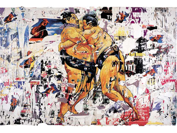 Image of two sumo wrestlers wrestling overlapped with a collage of torn magazines