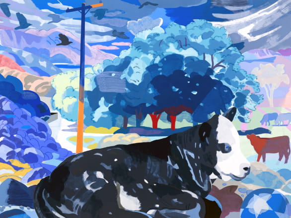 painted artwork of cow laying down with blue painted trees in backround