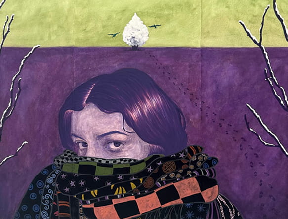 artwork of a girl with a scarf wrapped around the bottom of the face