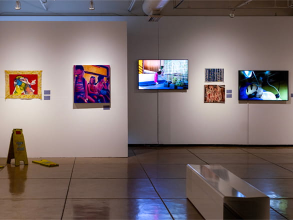 view of art gallery with tv and art installed on walls
