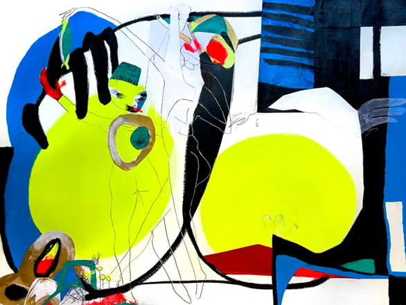 abstract artwork with blue and lime green colors