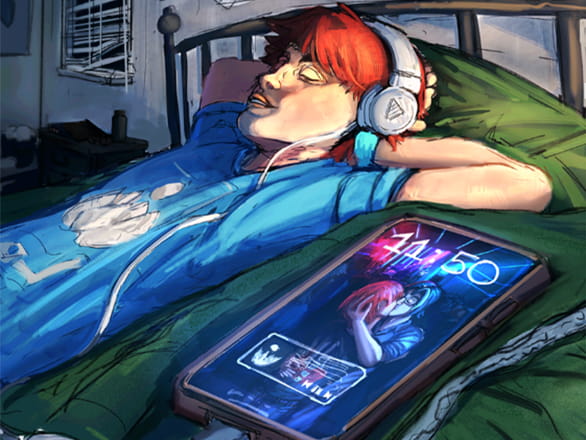 artwork of person lying on bed with headphones and smartphone