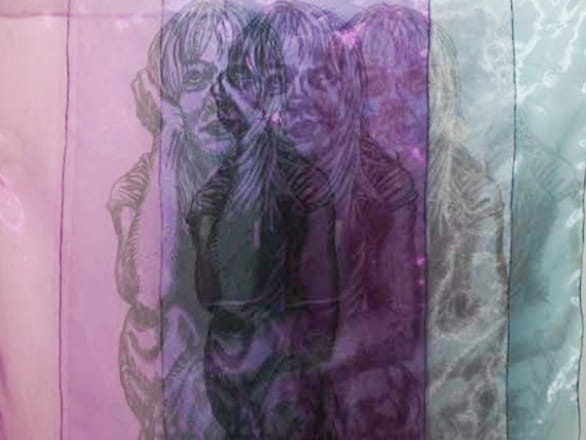 painting of woman fading from pink to purple to blue
