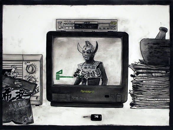 drawn faces pasted on wall