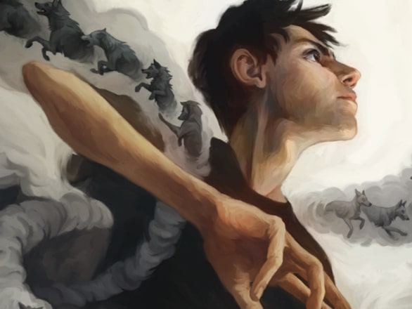 drawing of boy surrounded by gray smoke with black dogs