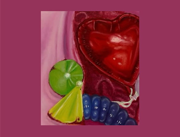 digital artwork with fruit beside a red heart balloon