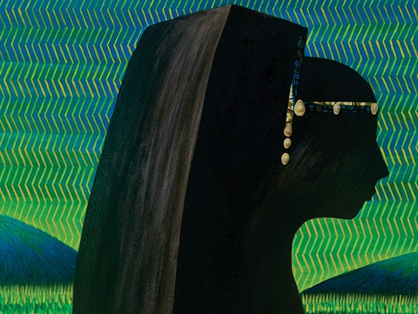 silhouette of person against green and yellow geometric background